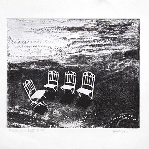 black and white chairs, still life, lithograph. Original Print, Wall Art, Home Decor