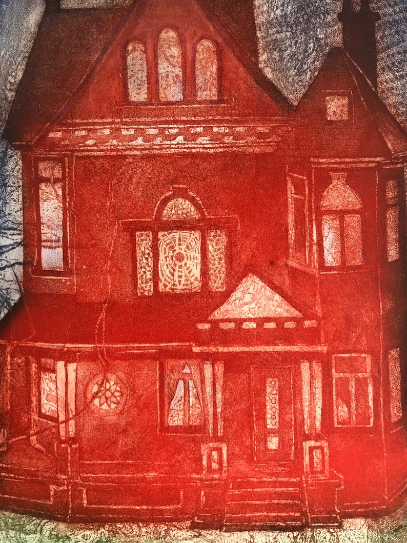 Victorian house etching, original, 29 x 22, Handmade and signed, home decor, wall art. Originals from 1970 image 5