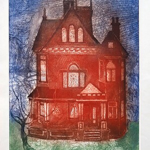 Victorian house etching, original, 29 x 22, Handmade and signed, home decor, wall art. Originals from 1970 Red