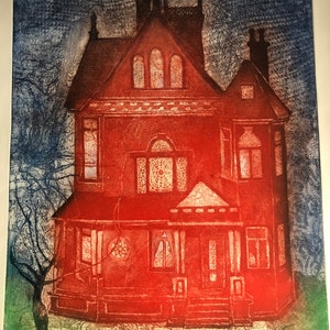 Victorian house etching, original, 29 x 22, Handmade and signed, home decor, wall art. Originals from 1970 image 4