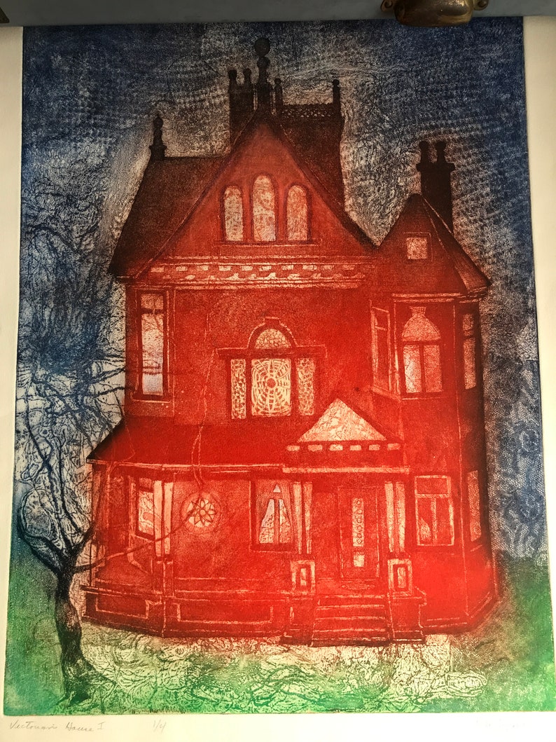 Victorian house etching, original, 29 x 22, Handmade and signed, home decor, wall art. Originals from 1970 image 4