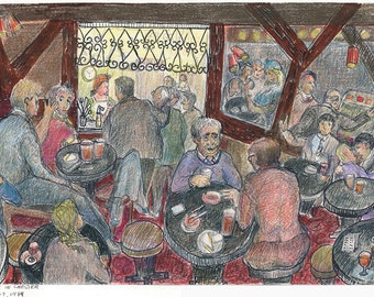 Chester pub scene drawing, 12.25"x 8.75" Original sketch, 1984