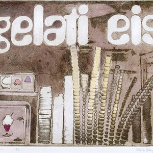 May include: A vintage-style print of a gelato shop with the words "gelati eis" in white lettering on a brown background. The image features a display case with colourful ice cream flavours, stacks of paper cups, and a row of straws.