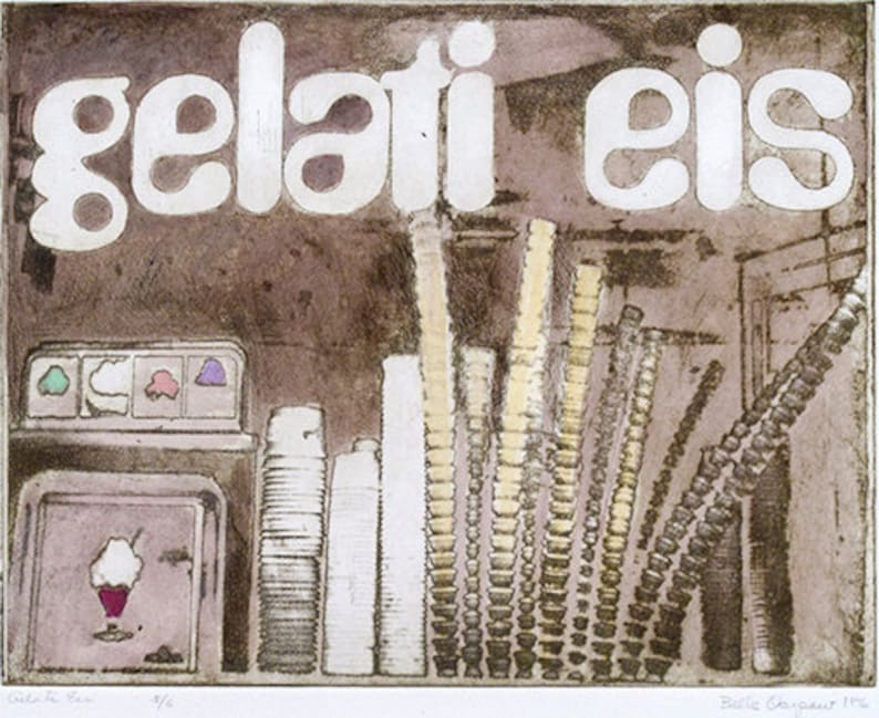 May include: A vintage-style print of a gelato shop with the words "gelati eis" in white lettering on a brown background. The image features a display case with colourful ice cream flavours, stacks of paper cups, and a row of straws.