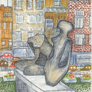 Amsterdam, Netherlands. Original drawing, pen and ink on paper. 8.5x11. Sculpture garden at Amsterdam Museum. Travel art, wall art.