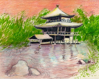 Golden Pavilion, Kyoto, Original drawing, pen and ink, pencil, marker.  sketch done by my grandmother in the mid 70's, 8.5"x11