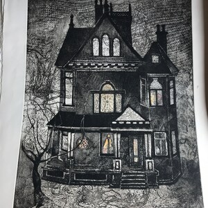 Victorian house etching, original, 29 x 22, Handmade and signed, home decor, wall art. Originals from 1970 image 3