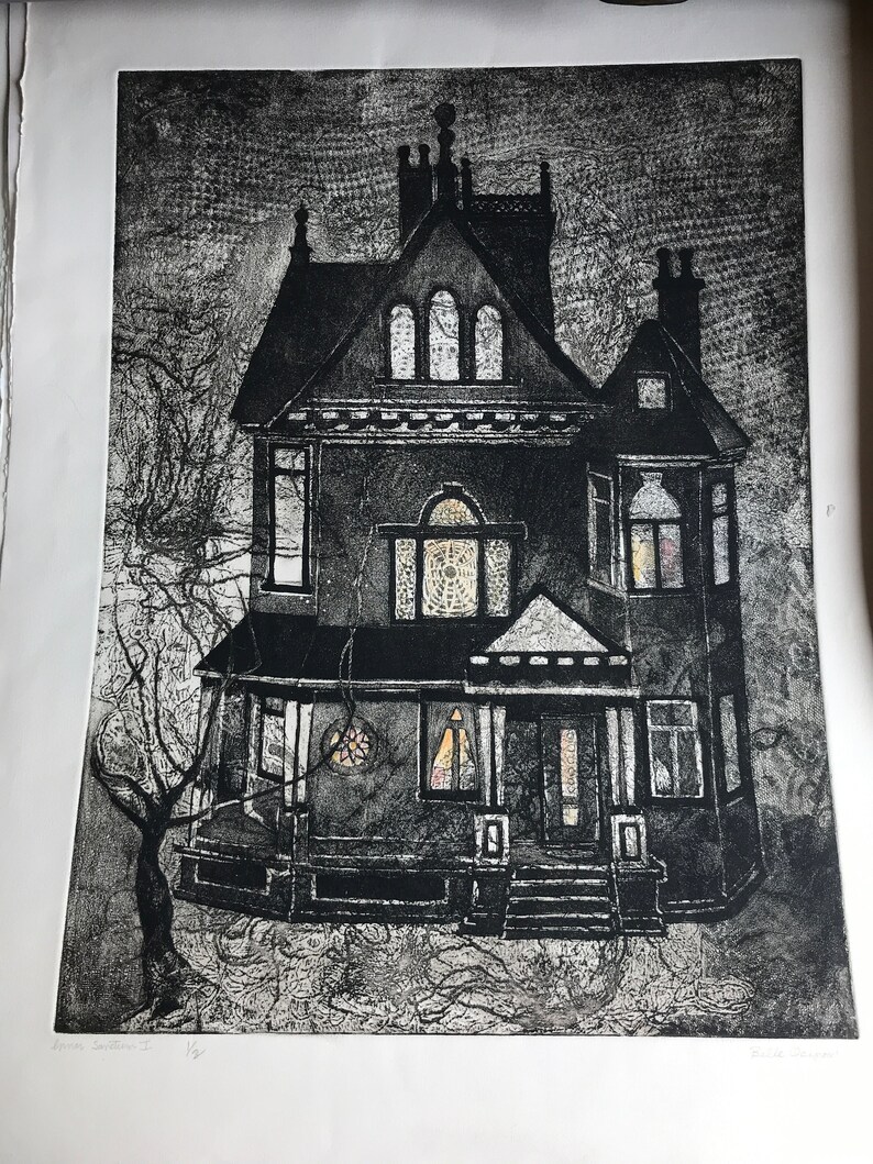 Victorian house etching, original, 29 x 22, Handmade and signed, home decor, wall art. Originals from 1970 image 3