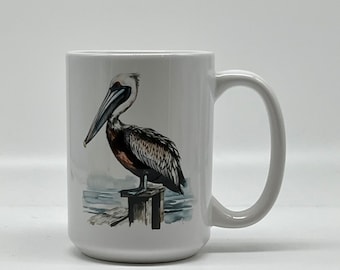 Pelican Mug - 15 oz Ceramic Coffee Cup, Bird Lover Gift