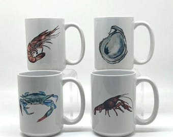 Louisiana Seafood Mug - 15oz Coffee Cup, Fun Gift for Seafood Lovers, Unique Louisiana Kitchen Decor, Nautical Home Essentials