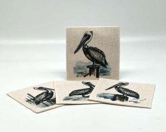 Coaster Set of 4 Brown Pelican Linen Fabric | Great Housewarming & Hostess Gift | Coastal Home Decor