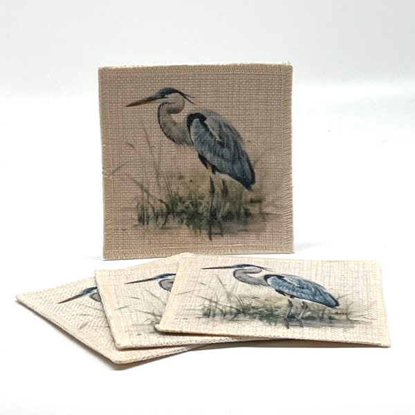 Blue Heron Coasters (set of 4, linen fabric) - great housewarming gift - hostess gift