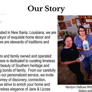 May include: Image of two women standing in a shop filled with home decor items. The shop is called Jane & Lizzee. The text says "Our Story" and describes the business as a purveyor of home decor and heirloom treasures.