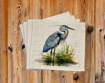 Coaster Set of 4 - Blue Heron Linen Fabric Coasters - Perfect Housewarming & Hostess Gift - Eco-Friendly Home Decor