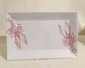 Crawfish Porcelain Platter | Seafood Serving Tray, 14"x9 3/8"