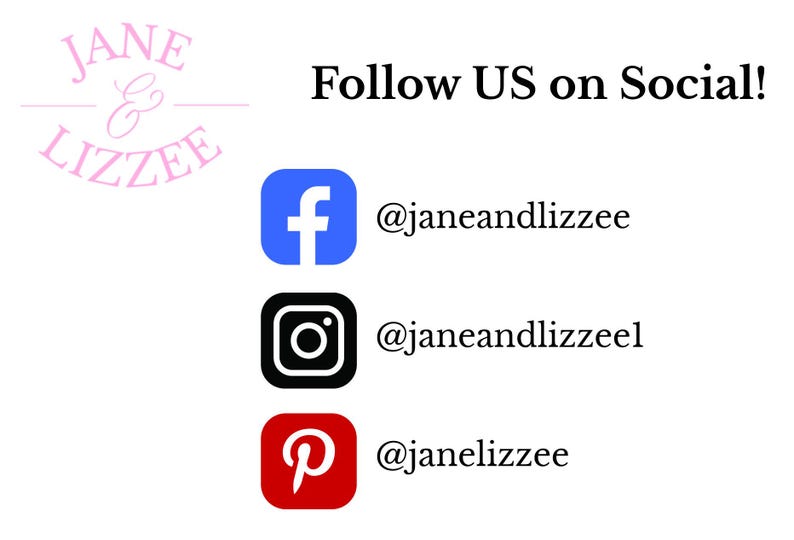 May include: White background with the text "Follow US on Social!" and social media icons for Facebook, Instagram, and Pinterest. The Facebook icon is blue, the Instagram icon is black, and the Pinterest icon is red.