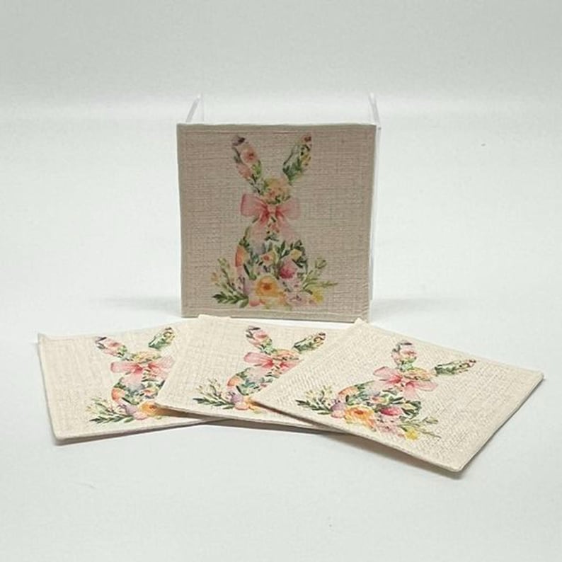 Coaster Set of 4 Floral Bunny Linen Fabric Coasters