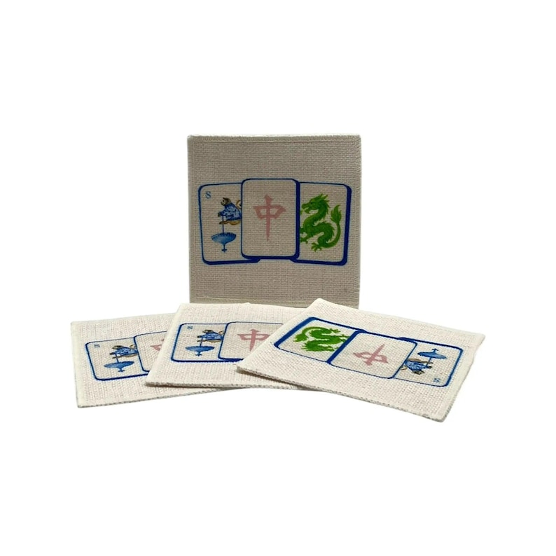 Mahjong Tiles Coasters (linen - set of 4) - blue tiles Jane & Lizzee