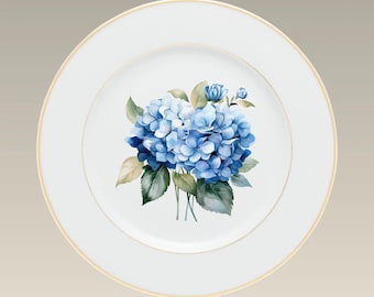 Blue Hydrangea Plate, 10 1/2" (double gold banded)