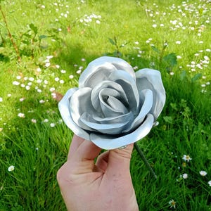 Pode incluir: Uma grande rosa de metal prateado com p&eacute;talas detalhadas. A rosa &eacute; segurada contra um fundo de grama verde e pequenas flores brancas. A haste &eacute; de cor verde escuro.