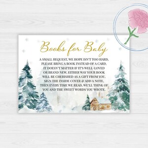 Bordje en inzetstukken Winter Wonderland-boeken voor baby, afdrukbaar bord winterthema 8 x 10, winterthema afdrukbaar 5 x 3,5-kaartverzoekkaart voor aanvragen