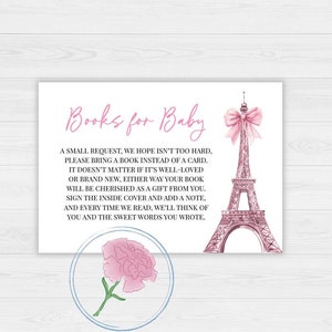 Panneau Tour Eiffel rose livres pour bébé et cartes de visite, panneau imprimable Paris fille baby shower 8 x 10 et cartes de demande de livre 5 x 3,5, panneau Tour Eiffel