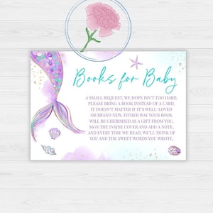 Livres queue de sirène violets pour enseigne et cartes de livre de bébé, enseigne imprimable sous la mer 8 x 10 et cartes de livre 5 x 3,5, cartes de livre de baby shower sirène