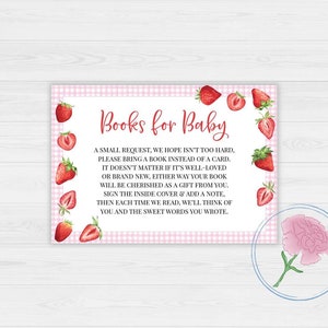 Aardbeienboeken voor baby: bord en boekverzoekkaarten, aardbei-thema afdrukbaar 8 x 10 bord en boekverzoekkaarten van 5 x 3,5, Berry babyshower