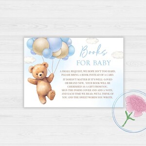 Livres ours en peluche pour bébé et cartes de demande de livre, enseigne imprimable 8 x 10 ballons bébé garçon et cartes de demande de livre imprimables 5 x 3,5