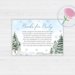 Livres d'hiver pour baby shower et cartes de demande de livre, enseigne imprimable flocons de neige bleus 8 x 10 et intercalaires pour carte de demande de livre 5 x 3,5