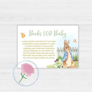 May include: A light blue and green baby shower invitation with a watercolor illustration of a bunny rabbit holding a book. The text reads "Books for Baby" and includes a request for guests to bring a book instead of a card.