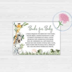 Safari Bücher für Baby Schild und Bücher Karten, Dschungel Tiere druckbare 8x10 Schild & 5x3,5 Buch Anfrage Karten, Safari Buch für Baby Karten