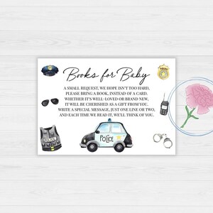 Politieboeken voor baby Bordje en kaartverzoekkaarten, politiewagenthema afdrukbaar 8 x 10 bord en afdrukbaar 5 x 3,5 insteekkaarten voor boekverzoek