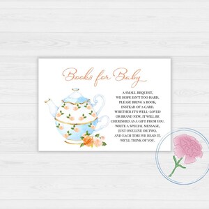Cartes de livre pour bébé Tea Party, affiches imprimables L'heure du thé 8 x 10 et 5 x 3,5 cartes de demande de livre, cartes de livre de fête de thé bébé garçon