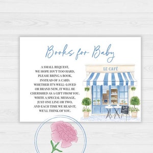 Livres et cartes de livres pour bébé café Paris, enseigne imprimable 8 x 10 pour baby shower de Paris et cartes de demande de livre 5 x 3,5, tea party baby boy