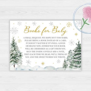 Winter babyshower boeken voor baby bord en boekverzoekkaarten, gouden sneeuwvlokken afdrukbaar 8 x 10 bord en 5 x 3,5 insteekkaarten voor boekverzoek