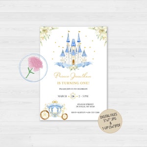 Faire-part d&#39;anniversaire prince ou princesse, invitation d&#39;anniversaire prince ou princesse château bleu, invitation d&#39;anniversaire numérique personnalisée château de Cendrillon