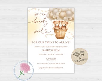 May include: A baby shower invitation with a watercolor illustration of two teddy bears in a hot air balloon. The text reads "We can barely wait for our twins to arrive!" and includes details for the event, such as the date, time, and RSVP information.