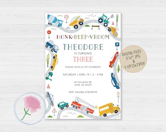 Transportation Birthday Invite,Kids Cars & Trucks Birthday Invite,Customized Digital City Transport Birthday Invite,HONK BEEP VROOM Invite
