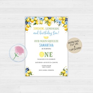 Lemon Birthday Invitation,Customized Digital Lemons Birthday Invitation,Lemon Blue Floral Birthday Invite,Summer Party Kids birthday invite