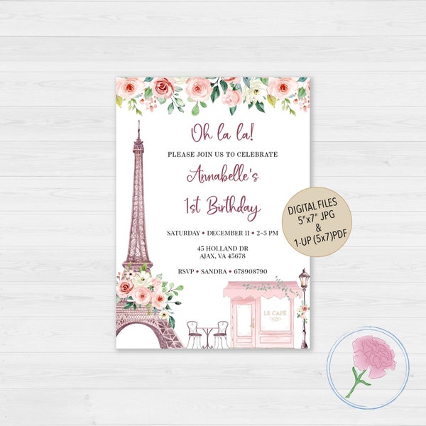 Paris Birthday Invitation,Eiffel Tower Birthday Invitation,French Cafe Birthday Invitation,Customized Digital Paris Cafe Birthday Invitation
