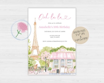 Paris Birthday Invite,Eiffel Tower Birthday Invite,Parisian Cafe Birthday Invite,Customized Digital French Patisserie Party Invite,Ooh La La