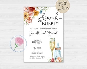 May include: A baby shower invitation featuring a floral design. The invitation reads "brunch & bubbly" and includes the names Samantha and Michael. The date is Saturday, 13th February, from 2-6 PM. The address is 45 Holland Dr., Ajax, VA 45678. RSVP to Sandra at 678-908-790 by 1st February.