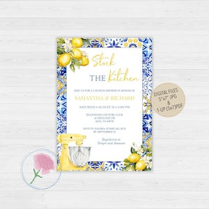 Mediterranean Stock the Kitchen Bridal Shower Invite,Blue Tiles Lemons Stock the Pantry Invite,Customized Digital Azulejos Tiles Invite
