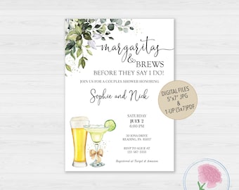 Margaritas and Brews before they say I Do Couples shower Invite,Eucalyptus Engagement Invite,Customized Margaritas & Brews Digital Invite