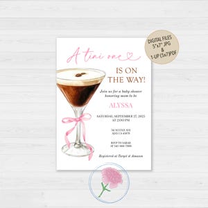 A Tini One Is On The Way Invite,Espresso Martini Baby Shower Invite,Customized Digital Pink Bow & Martini Invite,Girl Baby Shower Invite