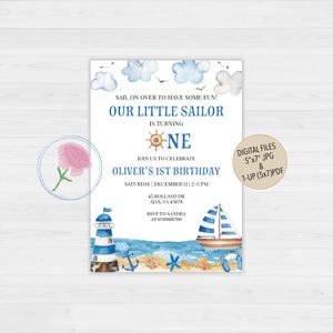 Nautical First Birthday Invite,Sailor 1st Birthday Invite,Customized Digital Nautical First Birthday Invite,Sail on Over 1st Birthday Invite