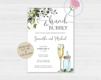 Invitación de brunch de eucalipto verde y baby shower burbujeante, invitación de brunch de eucalipto, invitación de brunch de bebé de champán verde digital personalizada