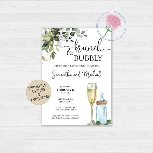 Greenery Eucalyptus Brunch and Bubbly Baby shower Invite,Eucalyptus Brunch Invite,Customized Digital Greenery Champagne Baby Brunch Invite