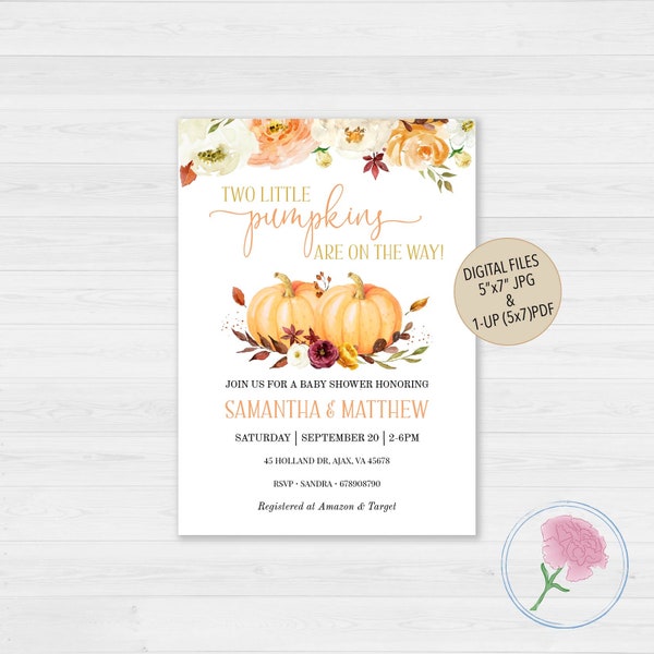 Little Pumpkins TWINS Baby Shower,Two little pumpkin are on the way!,Fall Baby Shower,Customized Digital Gender Neutral Baby Shower Invite